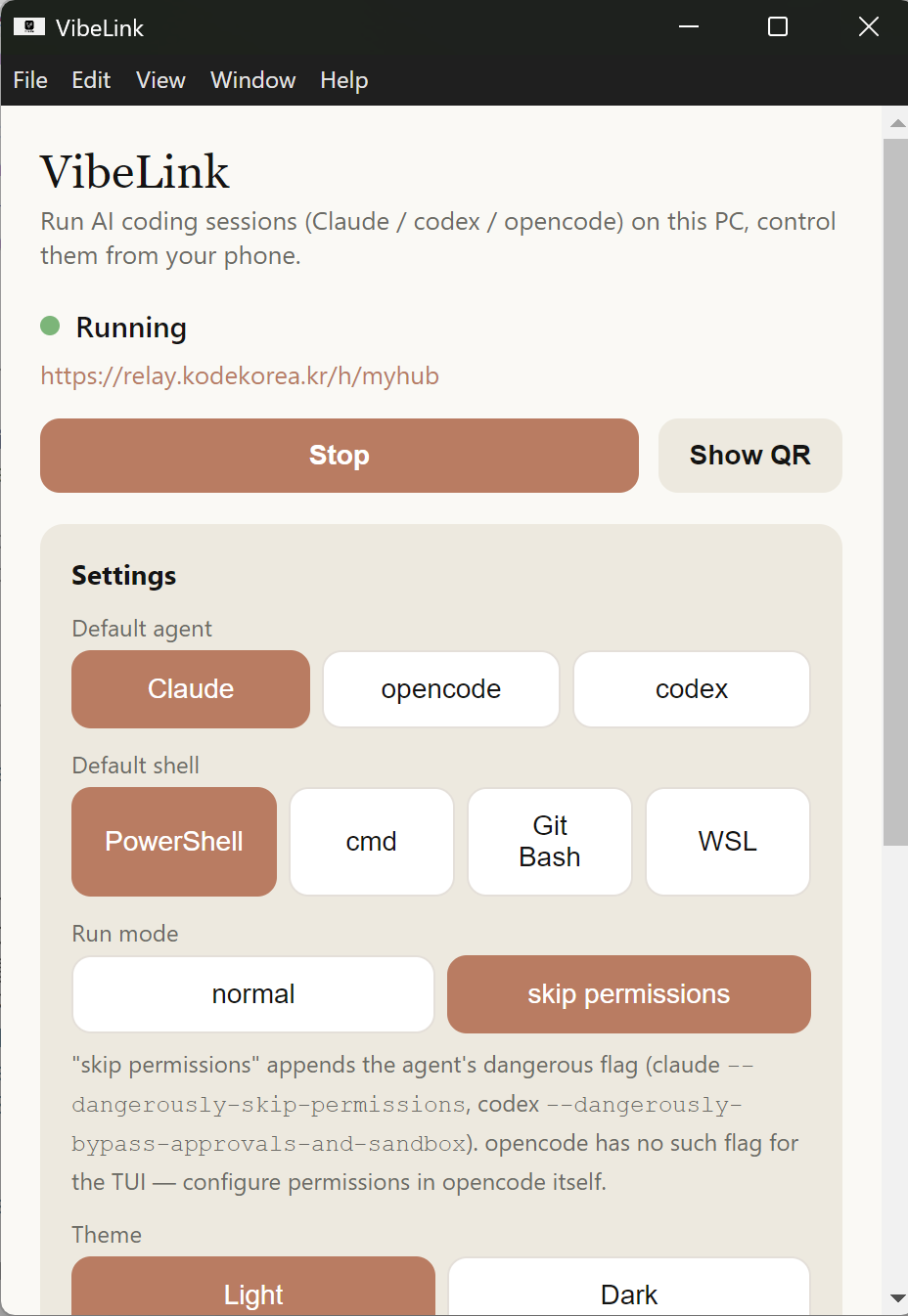 VibeLink desktop controller with agent, shell, run mode, QR, and relay settings