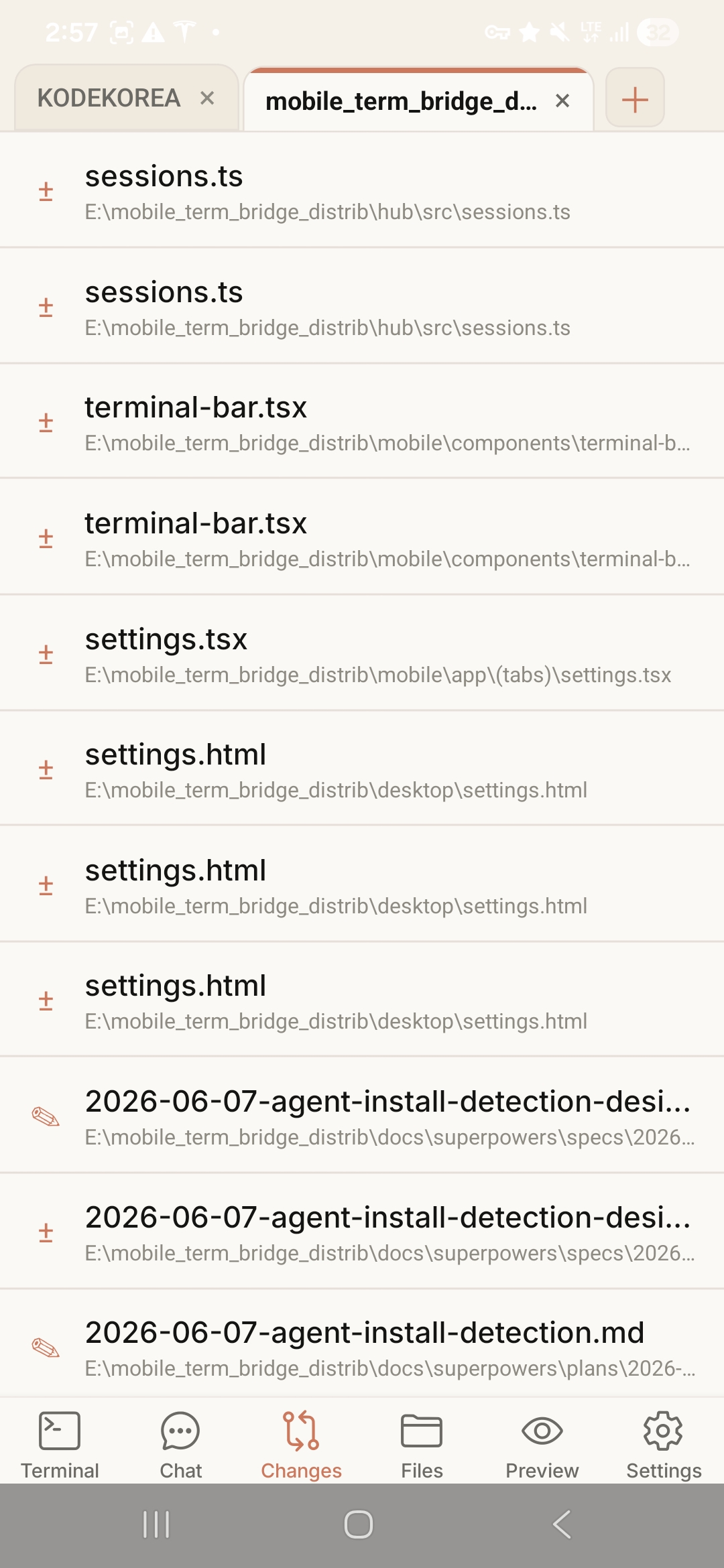 Changed files list on mobile